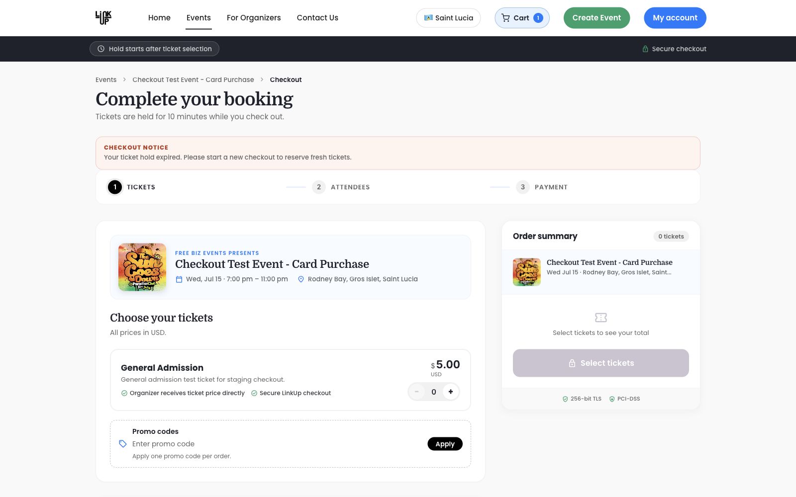 Expired checkout notice after the website releases a previous ticket hold.