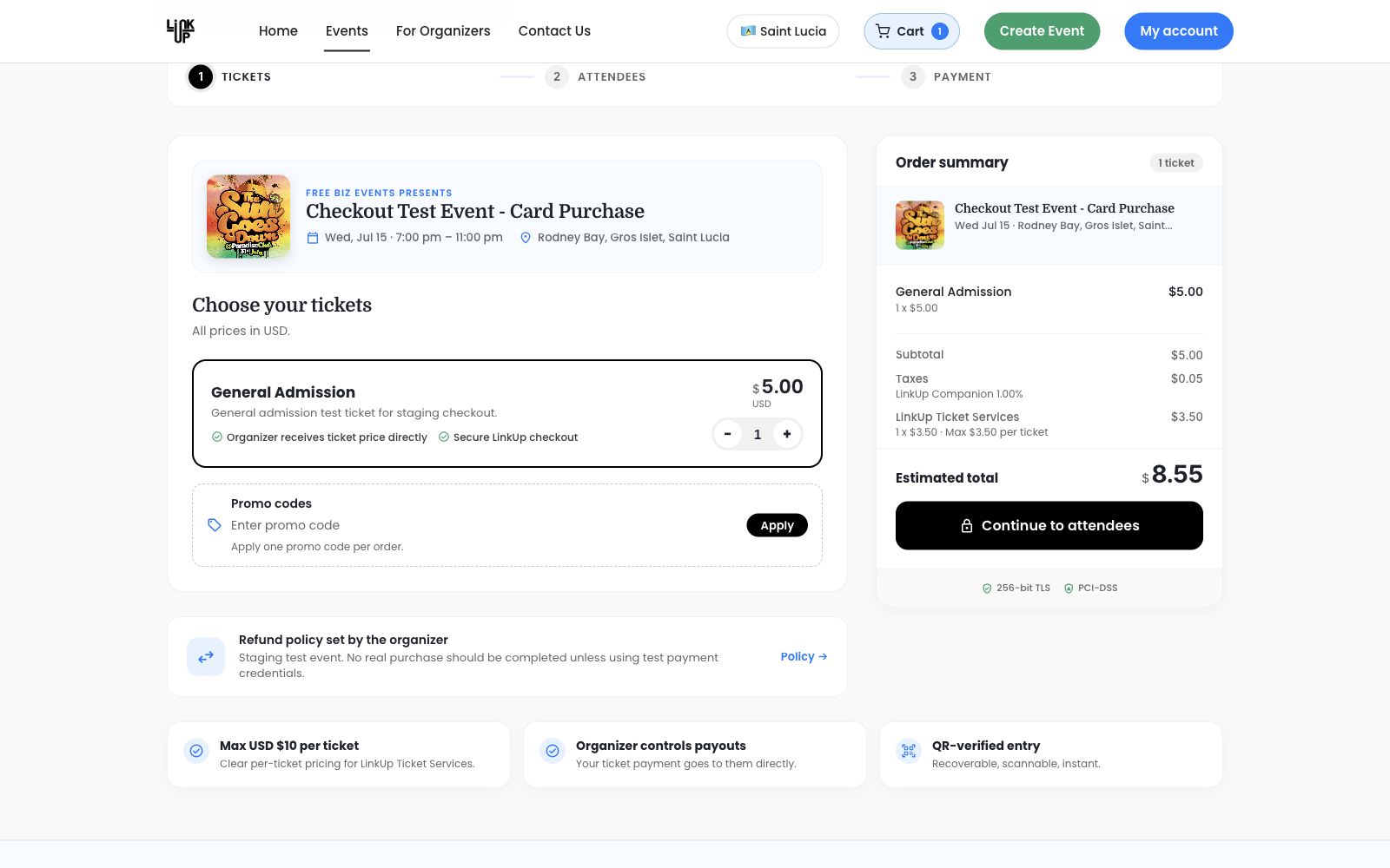 Checkout summary showing selected tickets, organizer amount, taxes, and LinkUp Ticket Services fee.